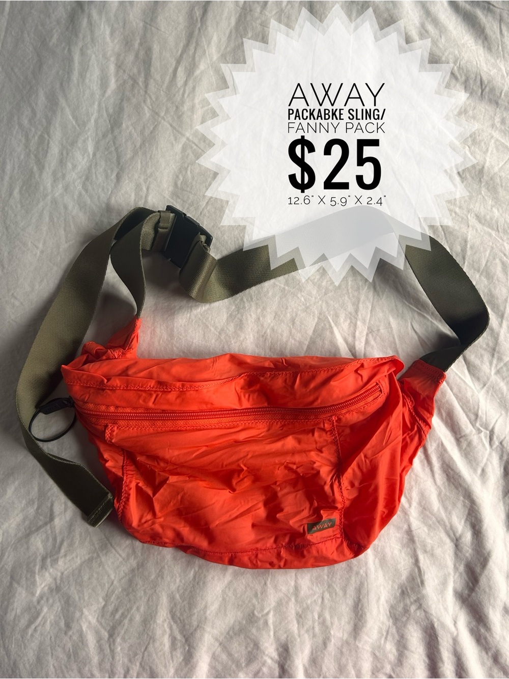 Away Packable Sling / Fanny Pack - Bright Orange with Olive Strap